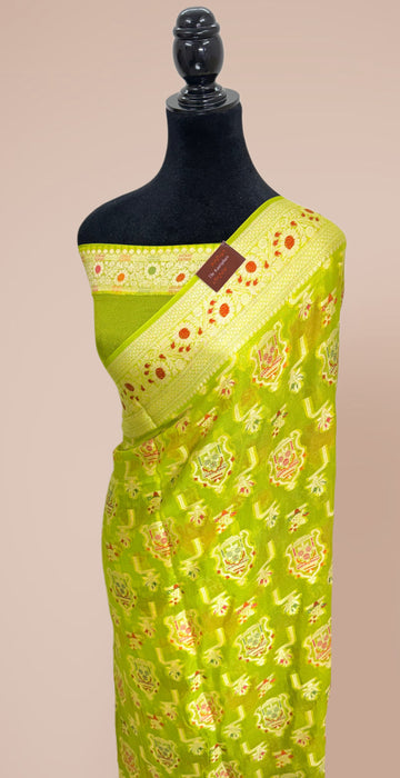 Hazel Green Pure Khaddi Chiffon Banarasi Saree - Meenakari Work