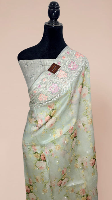 Powder Gray Pure Organza Banarasi Handloom Saree - Chikankari with Digital Print