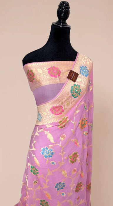 Pink Khaddi Georgette Banarasi Handloom Saree - Meenakari