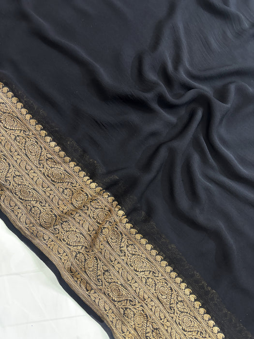 Black Khaddi Georgette Banarasi Handloom Saree - Antique Zari
