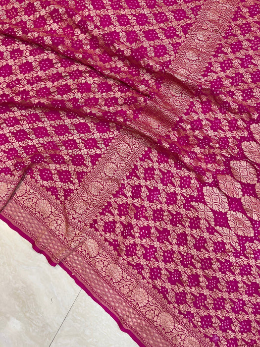 Hot Pink Pure Khaddi Georgette Bandhani Banarasi Saree