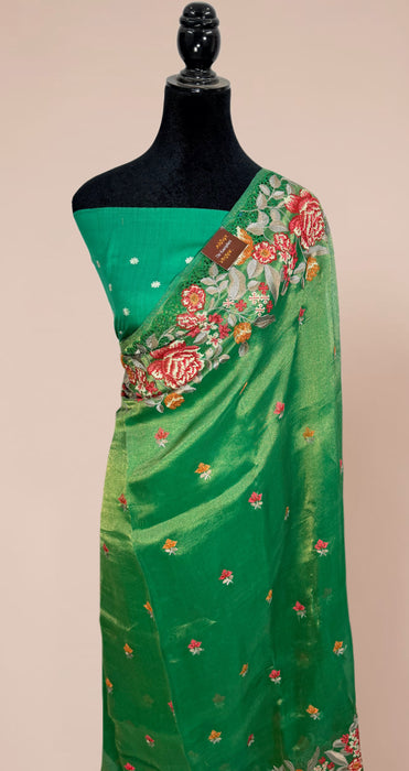 Green Pure Tissue Banarasi Handloom Saree - Chikankari