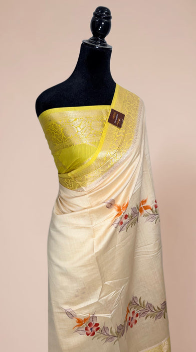 Cream Pure Silk Banarasi Handloom Saree - Hand Painted