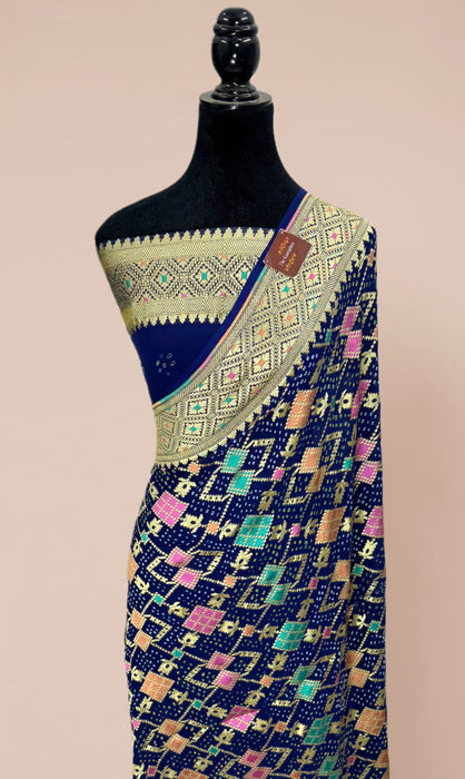 Handwoven Navy Pure Georgette Bandhani Banarasi Saree - Meenakari Work