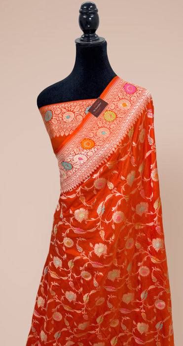Orange Pure Katan Banarasi Handloom Saree - Meenakari Jaal Work