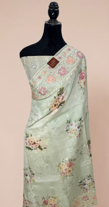 Gray Pure Organza Banarasi Handloom Saree - Chikankari with Digital Print