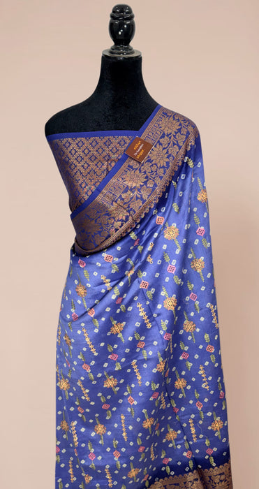 Steel Blue Pure Cotton Banarasi Handloom Saree - All over Embroidery