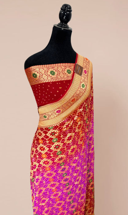 Handwoven Red Pure Georgette Bandhani Banarasi Saree - Meenakari Work