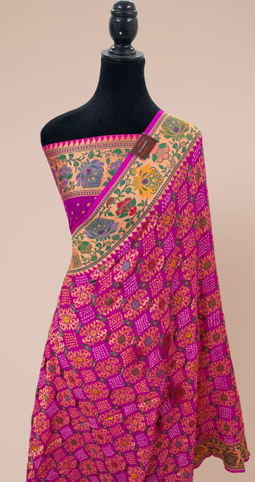 Handwoven Rani Pure Georgette Bandhani Banarasi Saree - Meenakari Work