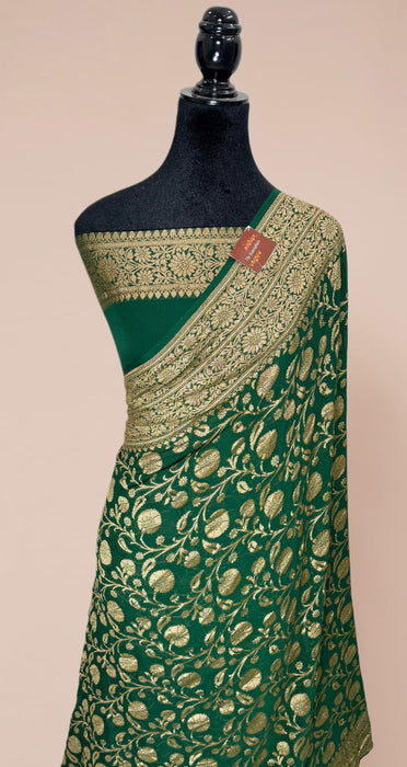 Bottle Green Khaddi Georgette Banarasi Handloom Saree - Antique Zari