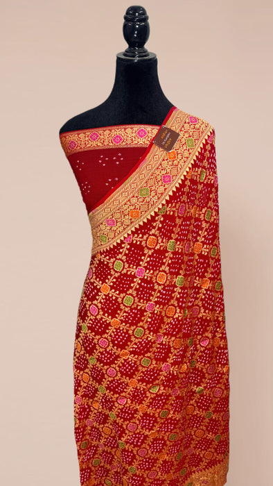 Handwoven Red Pure Georgette Bandhani Banarasi Saree - Meenakari Work