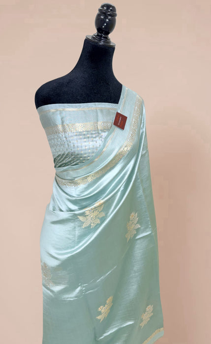 Powder Blue Pure Mango Katan Banarasi Handloom Saree