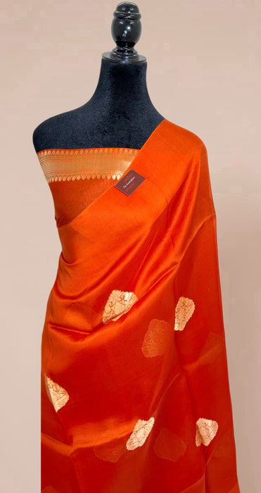 Italian Orange Pure Kora Organza Banarasi Handloom Saree