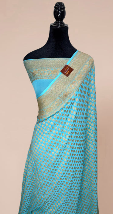 Blue Pure Khaddi Georgette Banarasi Handloom Saree - Antique Zari