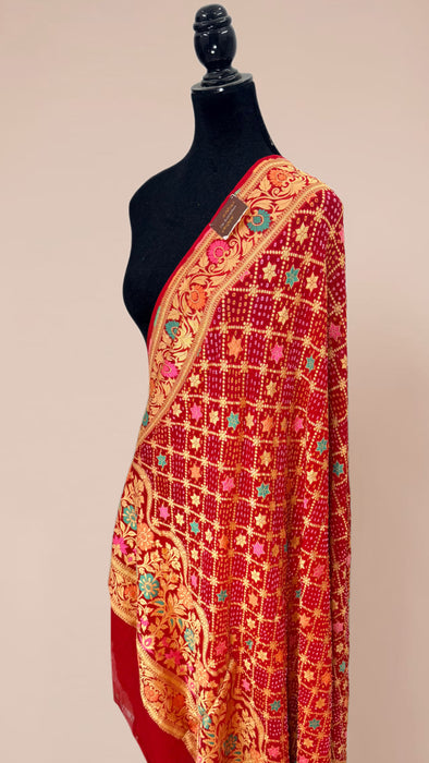 Red Pure Georgette Bandhani Banarasi Handloom Dupatta