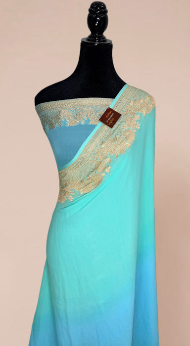 Shaded Blue Banarasi Ghat Khaddi Georgette Handloom Saree - Water Zari