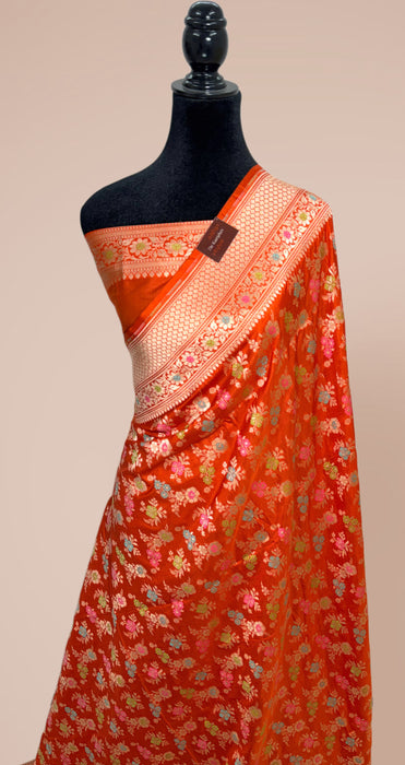 Orange Pure Katan Banarasi Handloom Saree - Meenakari Jaal Work