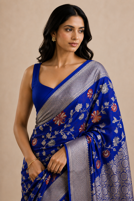 Blue Khaddi Georgette Banarasi Handloom Saree - Meenakari