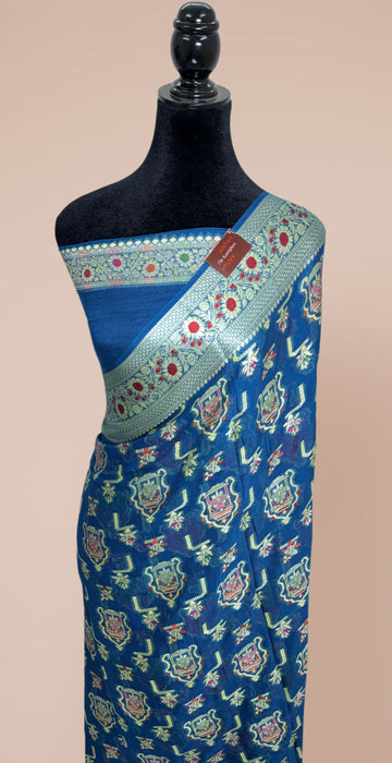 German Blue Pure Khaddi Chiffon Banarasi Saree - Meenakari Work