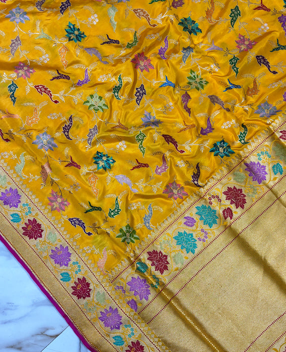 Yellow Ektara Pure Katan Silk Banarasi Handloom Saree - Kadhiyal Jangla with Tested Zari