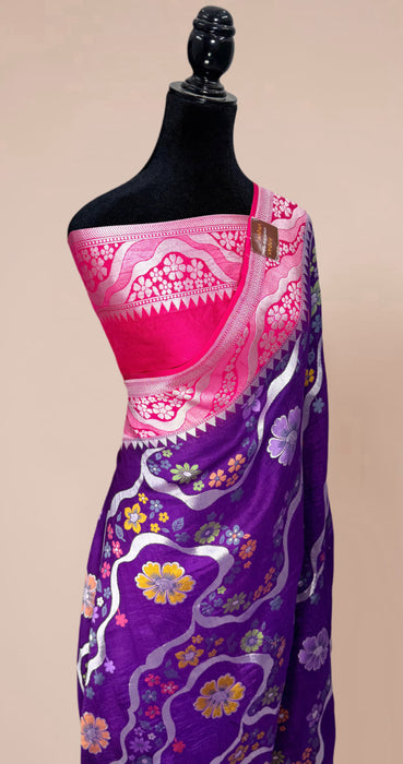 Purple and Pink Pure Tussar Georgette Banarasi Handloom Saree - Designer Meenakari
