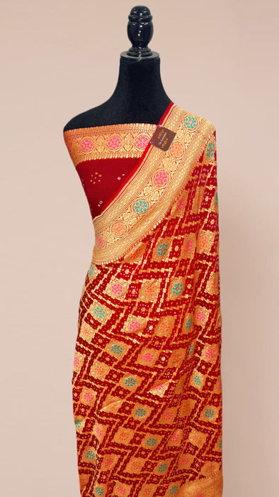 Handwoven Red Pure Georgette Bandhani Banarasi Saree - Meenakari Work
