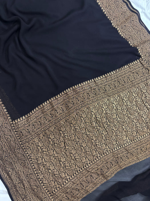 Black Khaddi Georgette Banarasi Handloom Saree - Antique Zari