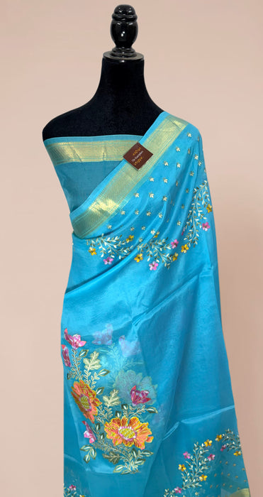 Blue Pure Organza Banarasi Handloom Saree - Chikankari