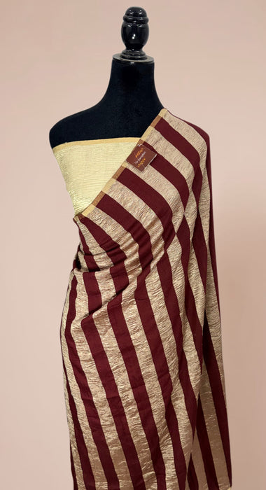 Brown Pure Banarasi Moonga Tissue Handloom Saree - Designer Work