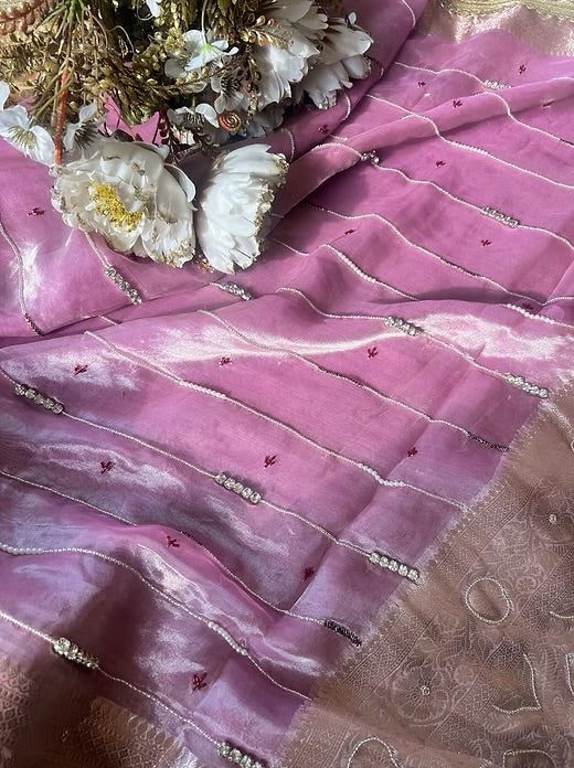Pink Pure Banarasi Tissue Handloom Saree - Handwork