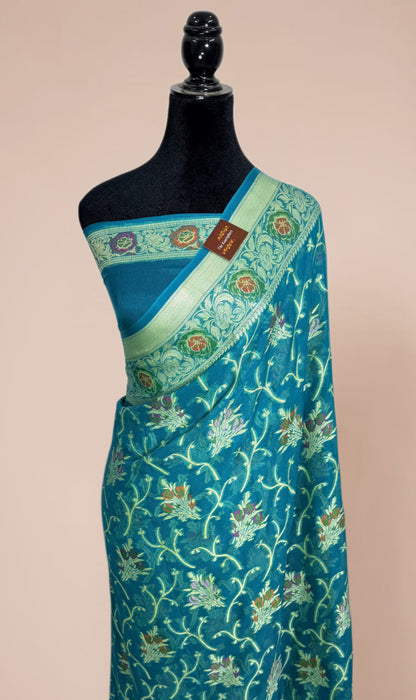 Sea Green Pure Khaddi Chiffon Banarasi Saree