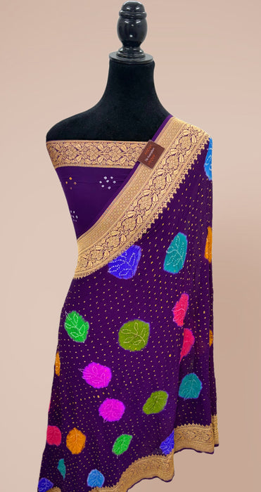 Handwoven Pure Georgette Bandhani Banarasi Saree - Meenakari Work