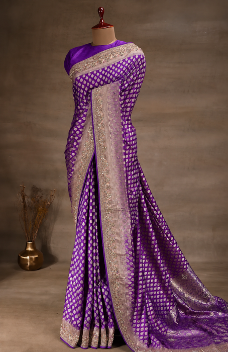 Purple Pure Katan Banarasi Handloom Saree - With Sarowski and Zardozi Work