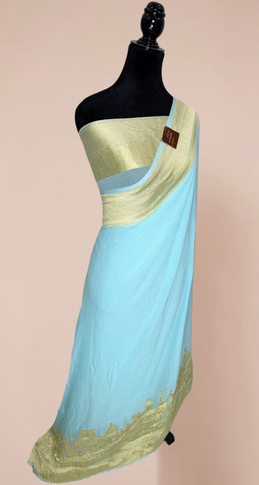 Blue Banarasi Ghat Khaddi Georgette Handloom Saree - Water Zari