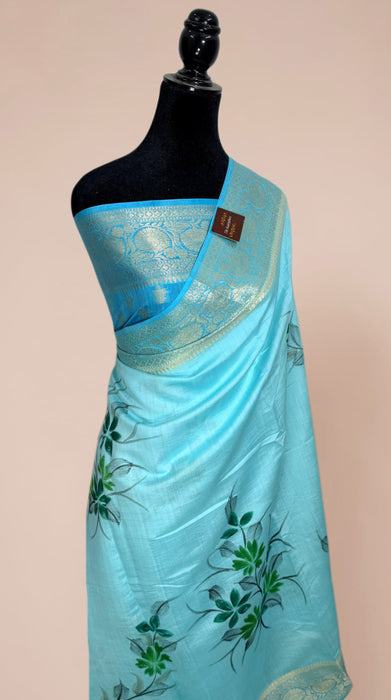 Blue Pure Silk Banarasi Handloom Saree - Hand Painted