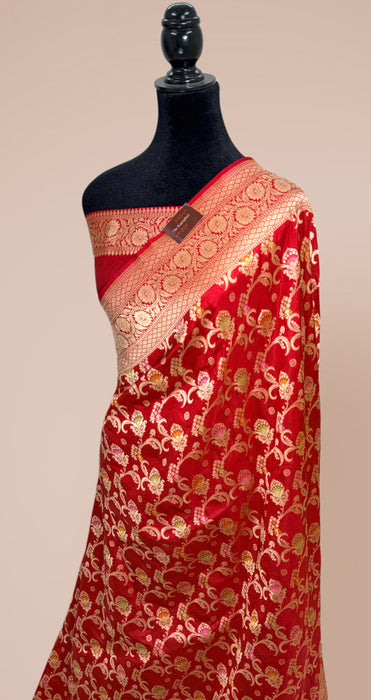 Red Pure Katan Banarasi Handloom Saree - Meenakari Jaal Work
