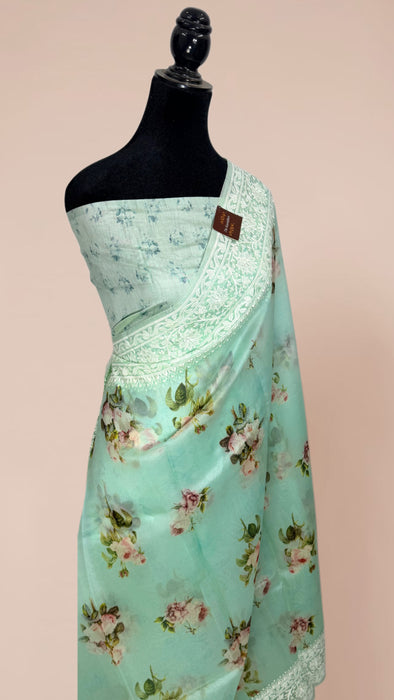 Cloudy Blue Pure Organza Banarasi Handloom Saree - Chikankari with Digital Print