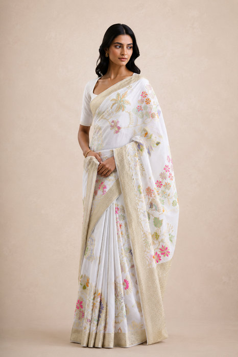 White Khaddi Georgette Banarasi Handloom Saree - Designer Meenakari Jaal