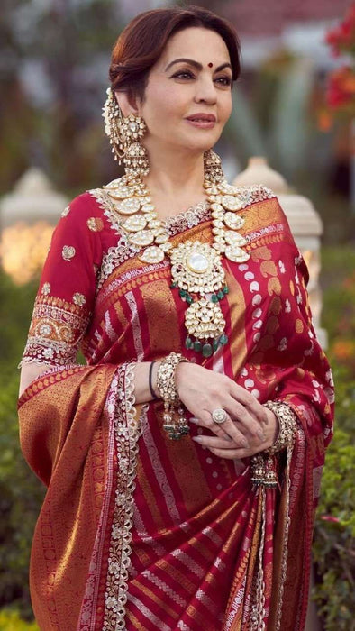 Nita Ambani Red Katan Banarasi Handloom Saree - Kadiyal Sona Roopa Meenakari