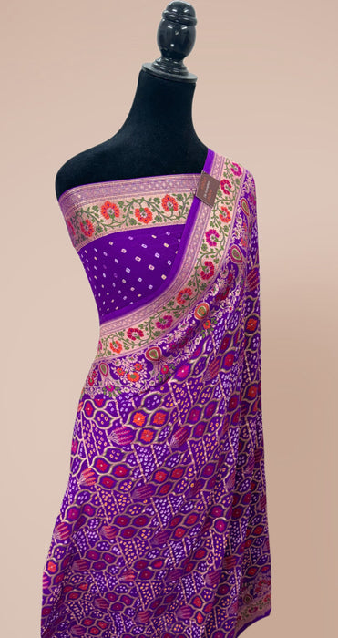Handwoven Pure Georgette Bandhani Banarasi Saree - Meenakari Work