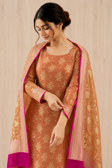 Floral Copper Pure Khaddi Georgette Banarasi Suit