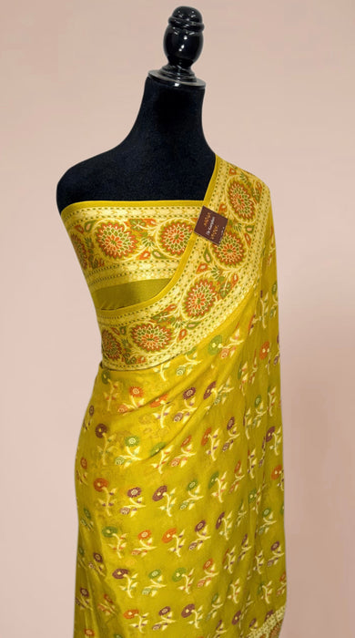 Rust Yellow Pure Khaddi Chiffon Banarasi Saree