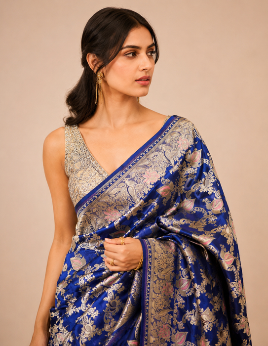 Royal Blue Pure Katan Banarasi Handloom Saree - Sona Meenakari Jaal Work