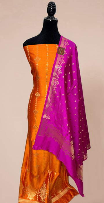 Orange and Rani Pure Chiniya Silk Banarasi Suit