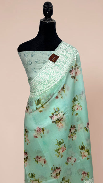 Cloudy Blue Pure Organza Banarasi Handloom Saree - Chikankari with Digital Print