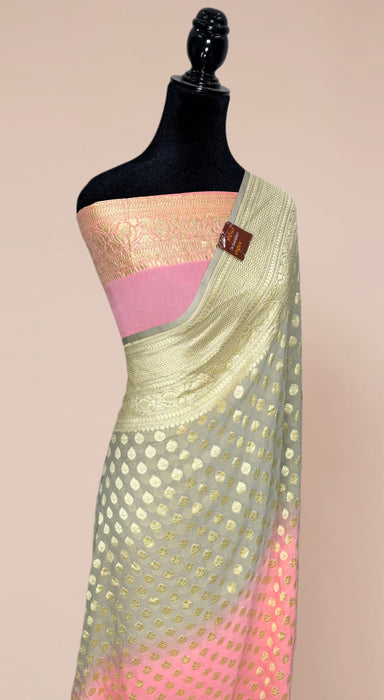 Pink and Gray Khaddi Georgette Banarasi Handloom Saree - Water Zari