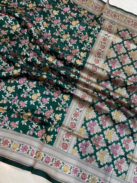Bottle Green Pure Katan Banarasi Handloom Saree - Meenakari Work