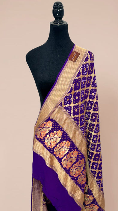 Purple Pure Georgette Bandhani Banarasi Handloom Dupatta