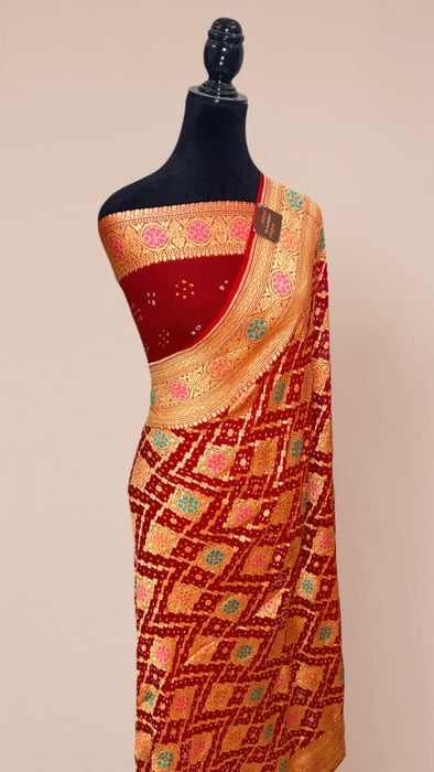 Handwoven Red Pure Georgette Bandhani Banarasi Saree - Meenakari Work