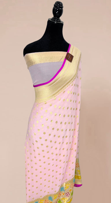 Pink Khaddi Georgette Banarasi Handloom Saree - Hand Filled Meenakari
